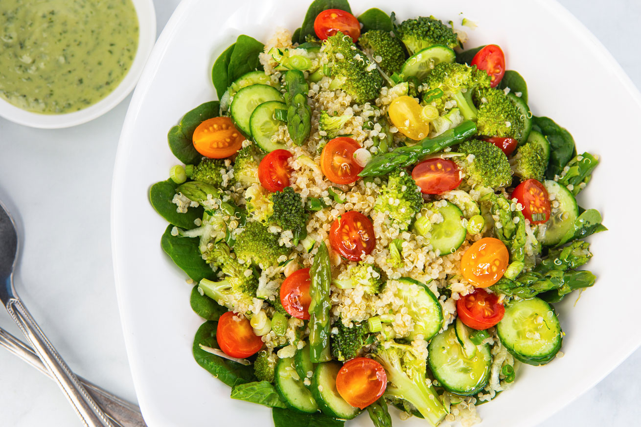 quinoa, salad, vegan, broccoli, asparagus