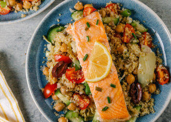 Veggie-Packed Quinoa Salad with Roasted Salmon