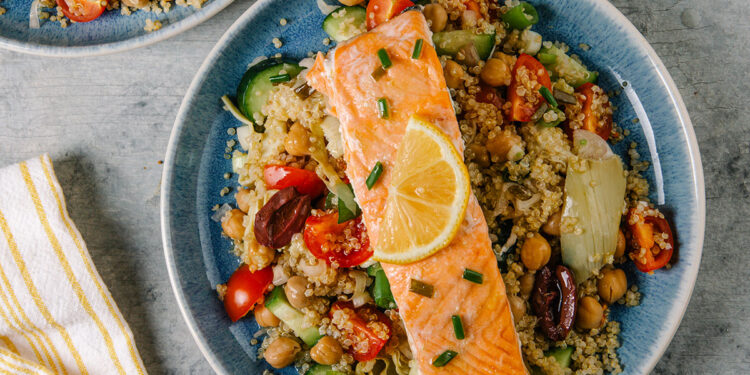Veggie-Packed Quinoa Salad with Roasted Salmon