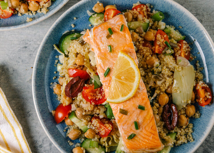 Veggie-Packed Quinoa Salad with Roasted Salmon